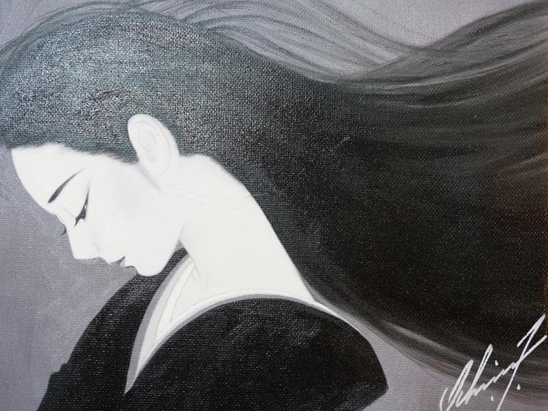 油絵　人物　鶴田一郎　 F6 【　長髪美人　】手描き　額付き