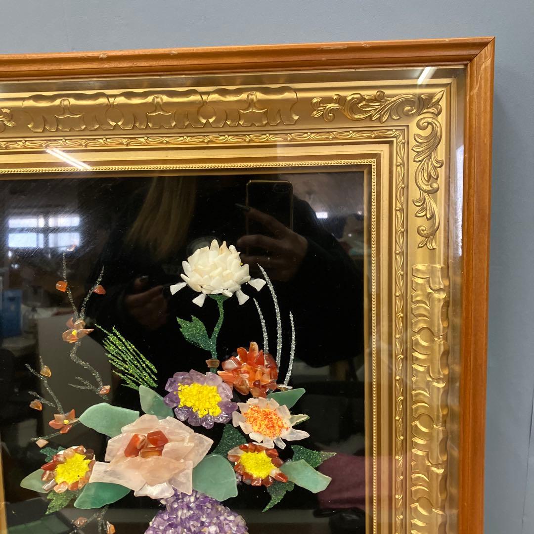 豪華 工芸品 天然石アート 石画 花瓶の華 額装 彫刻 アート ストーンアート
