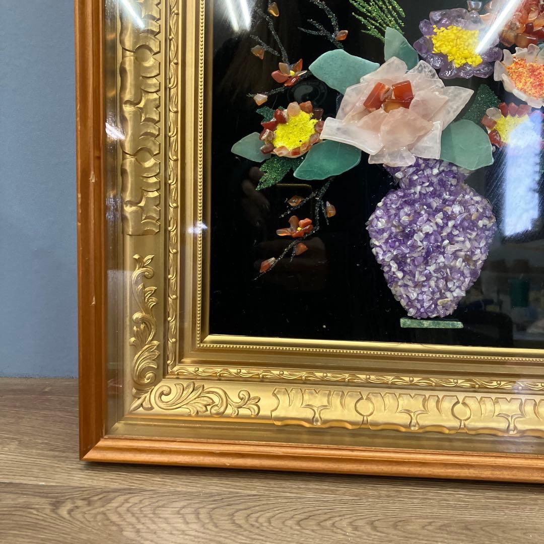 豪華 工芸品 天然石アート 石画 花瓶の華 額装 彫刻 アート ストーンアート