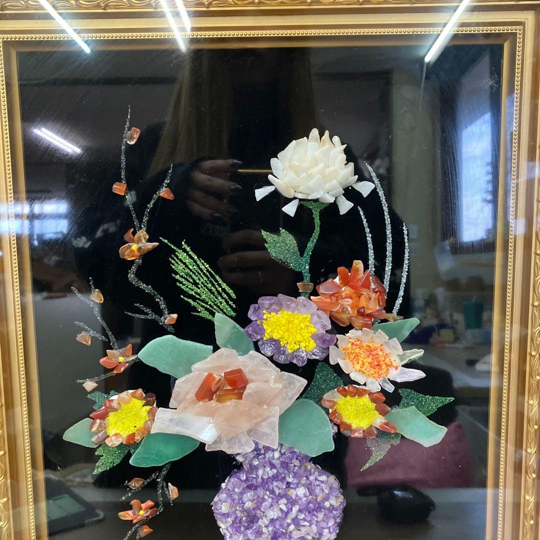 豪華 工芸品 天然石アート 石画 花瓶の華 額装 彫刻 アート ストーンアート