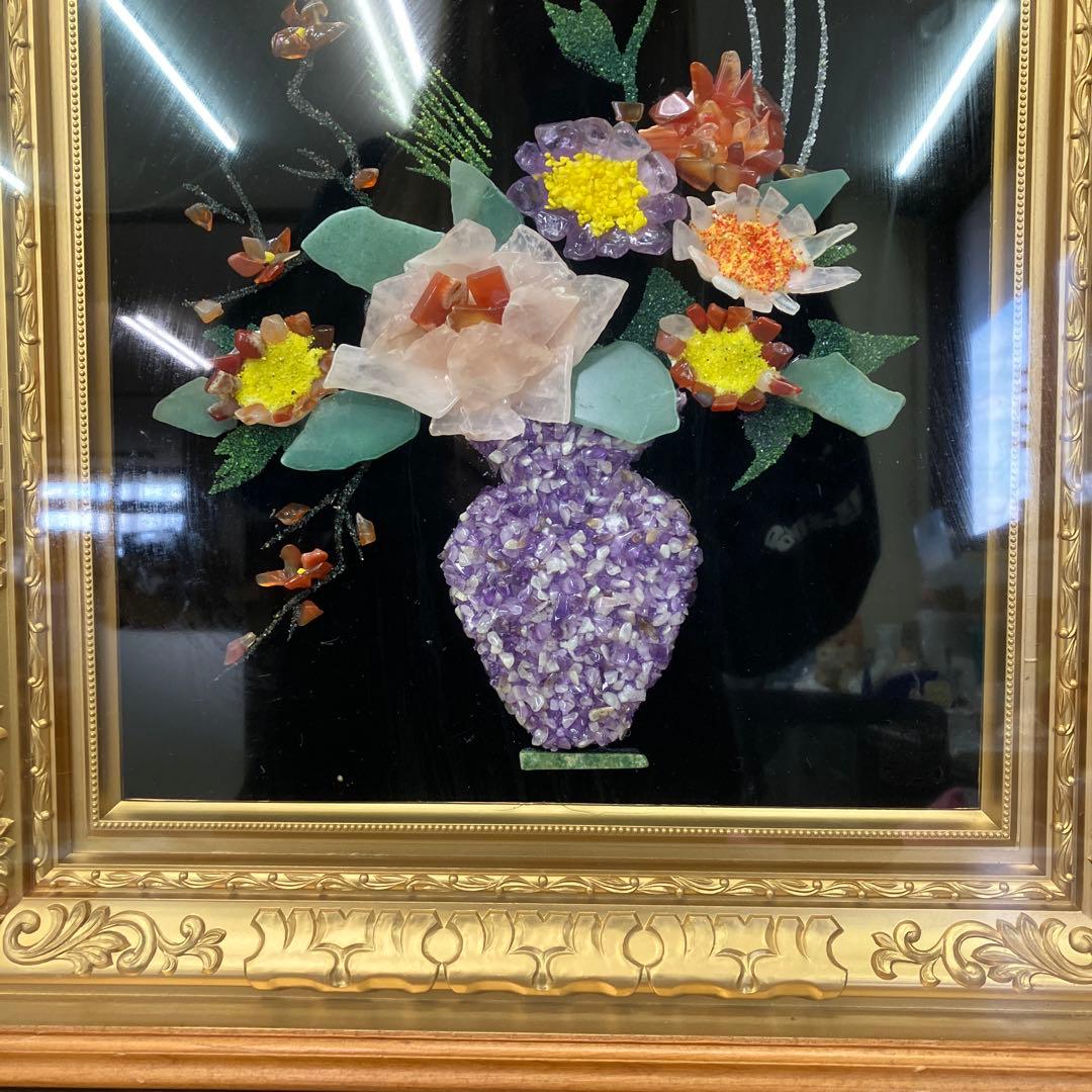 豪華 工芸品 天然石アート 石画 花瓶の華 額装 彫刻 アート ストーンアート