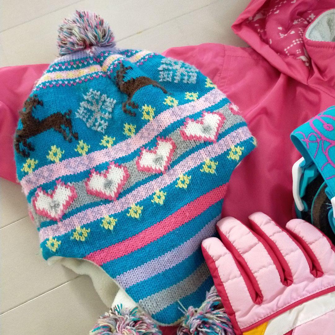 【キレイです】90センチ女の子用スキー、ボードウェア 小物付き 6点セット