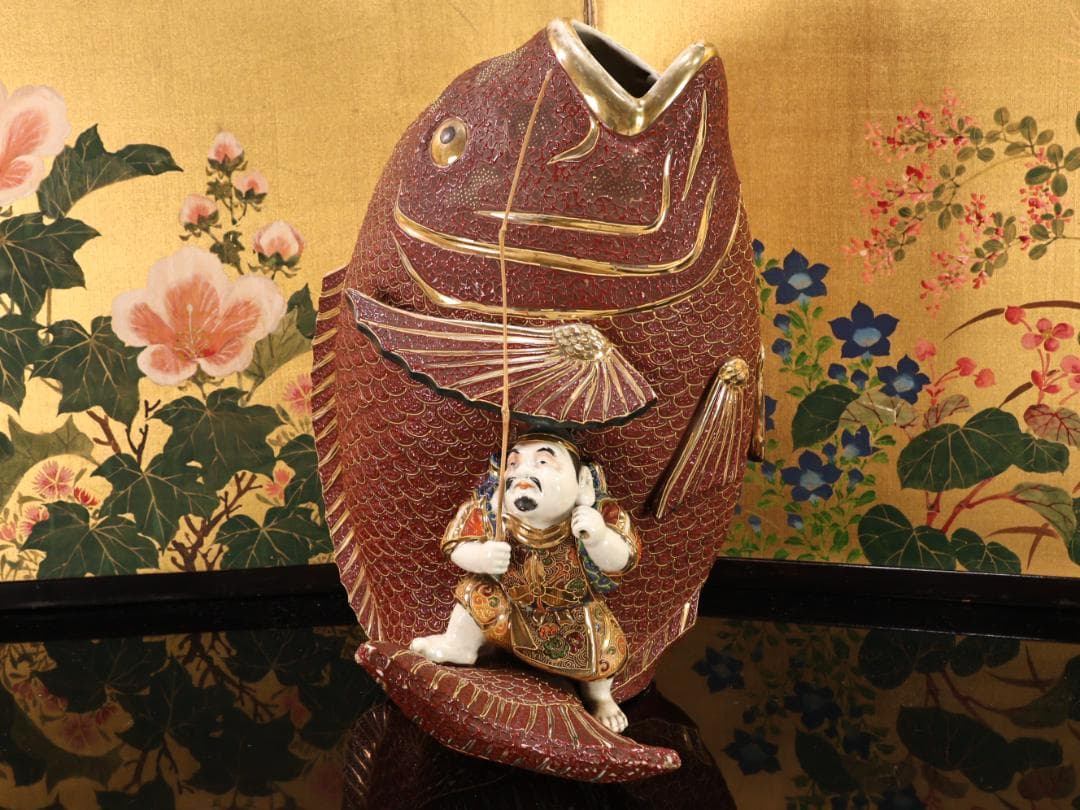 BK525　古九谷　色絵金彩　大鯛恵比寿置物　花瓶 花器 古美術品　床飾