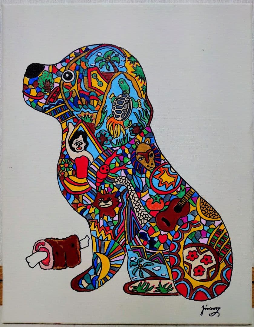 【F6号】ジミー大西【Dog】手描き/表裏サイン有り/油彩/アクリル/絵画/額縁