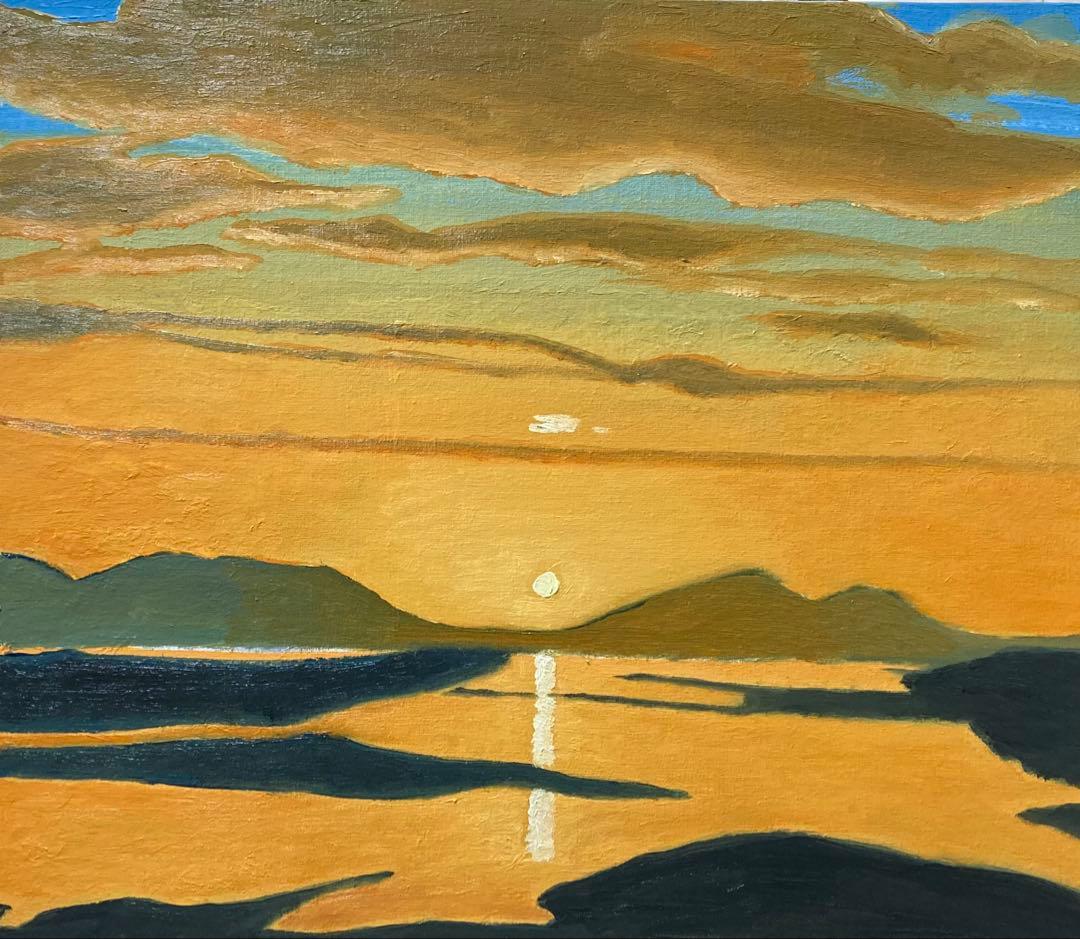油彩画 斐伊川夕景　絵画のみＦ10号