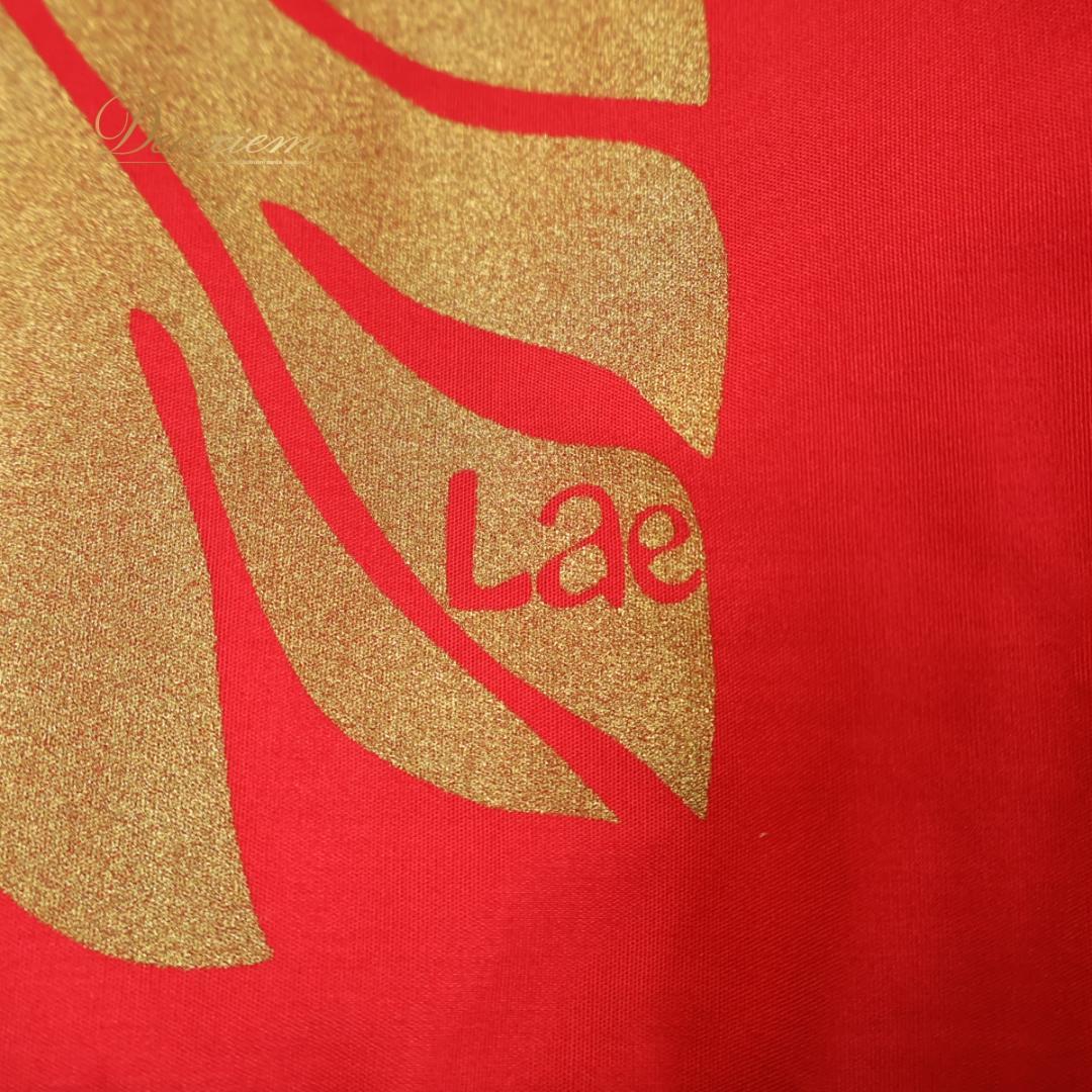 【フラダンス衣装】レッド Lae パウスカート 赤 金 白 茶 モンステラ柄