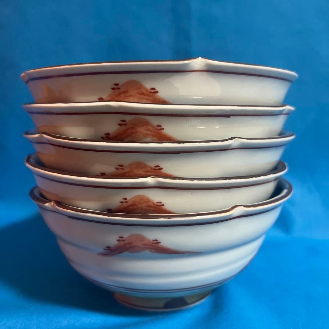 波佐見焼　林九郎窯　染付山水　赤絵　中鉢揃　5枚セット　煮物鉢　輪花鉢　丼ぶり
