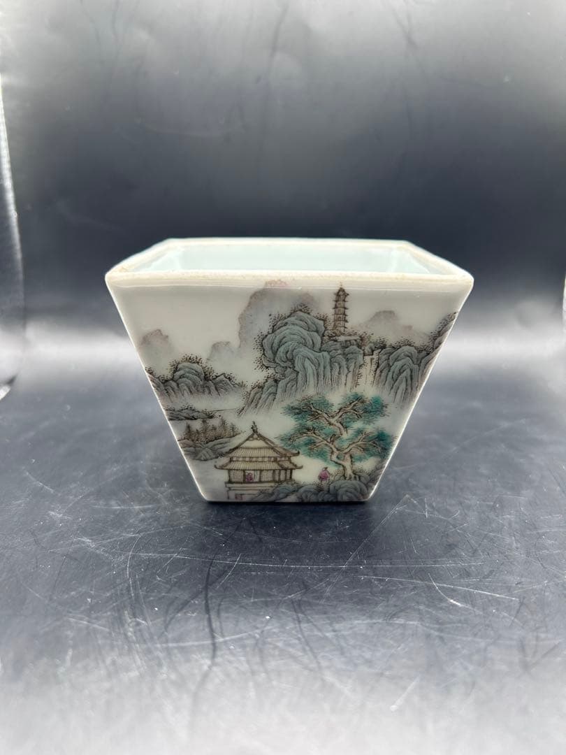 【希少】中国古玩 「大清嘉慶年製」銘 浅絳彩 山水漢詩文 磁器