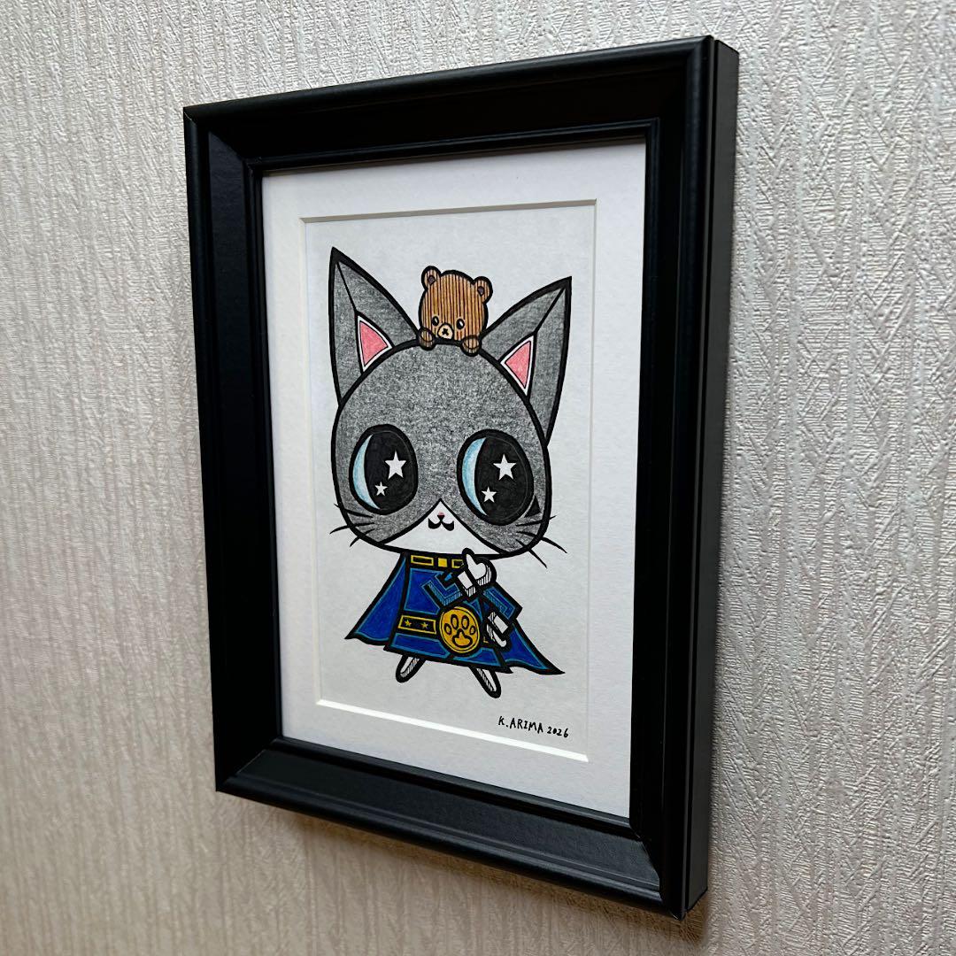 戦隊ヒーロー 原画 絵 手描き 癒し 猫 アート 一点物 額縁付 『ブルー』
