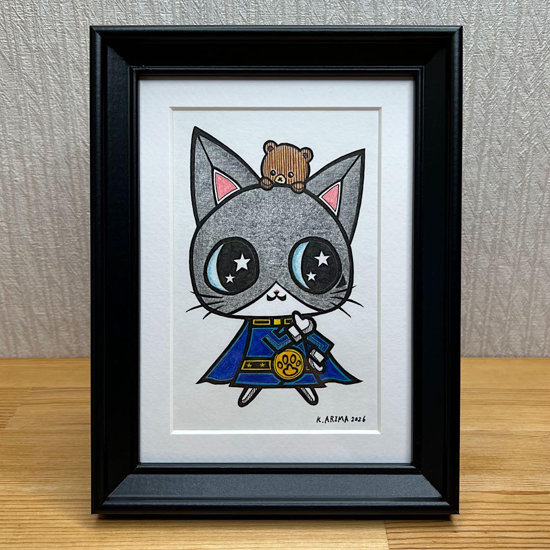 戦隊ヒーロー 原画 絵 手描き 癒し 猫 アート 一点物 額縁付 『ブルー』