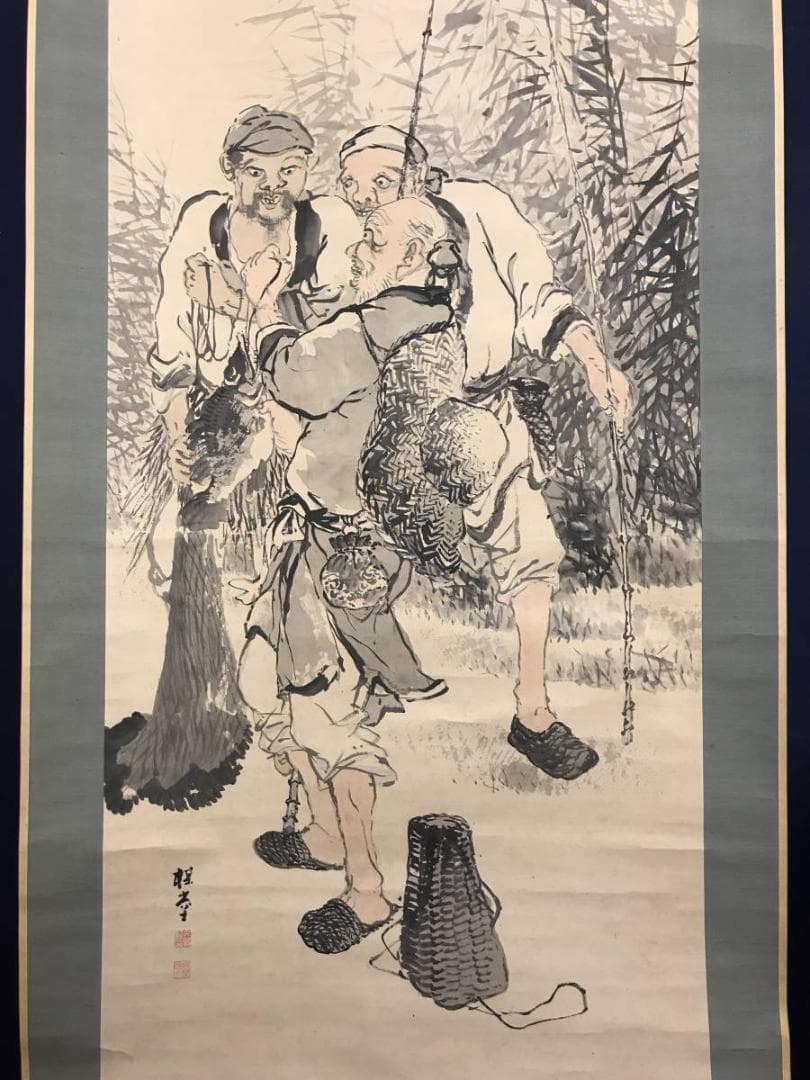 【真作】矢部楳堂/漁夫称賛図/釣人図/人物図/掛軸/名家伝来/AD-725