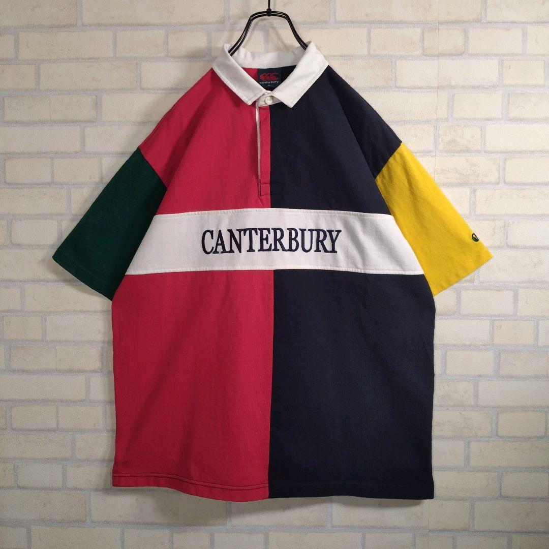 カンタベリー★肉厚 総刺繍 切替 半袖 ラガーシャツ マルチカラー 2XL