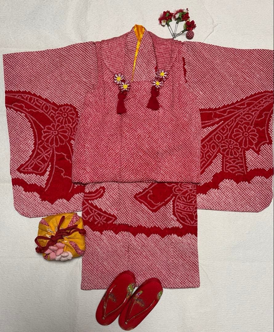着物セット　３歳　総絞り　七五三　着物　被布　赤色　金駒刺繍　美品