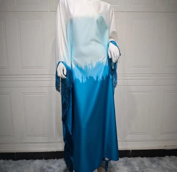 【新品】カフタン・ガラベーヤ★フリンジ装飾 青×水色×白