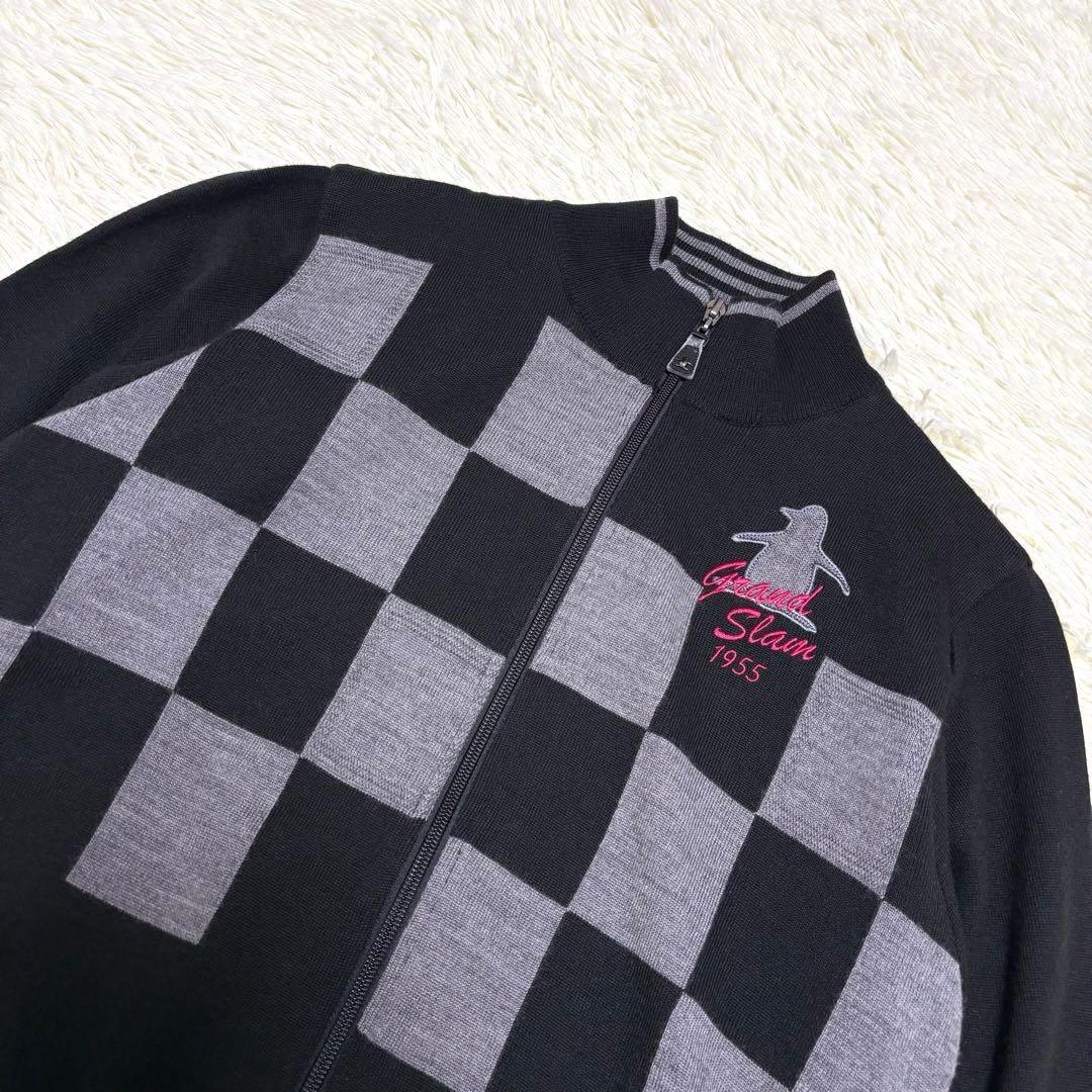 Munsingwear フルジップ ニット ダブルジップ ロゴ刺繍 チェック L
