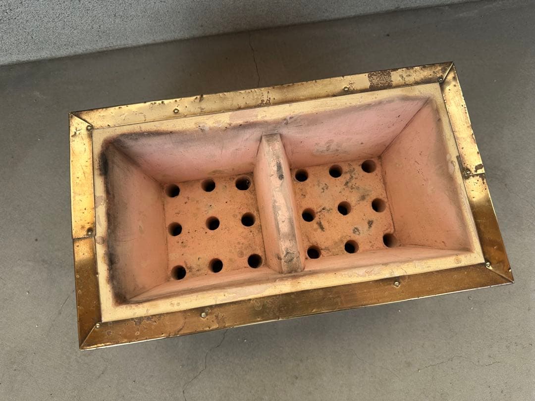 奥能登 天然珪藻土切出し七輪 真鍮巻長角型大判 左右独立タイプ 備品付 炭火調理