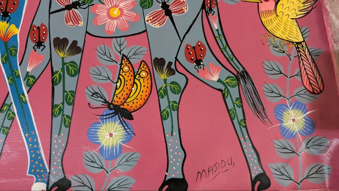 ●アフリカの絵画、ティンガティンガ、花キリン、Majidu、50×60cm