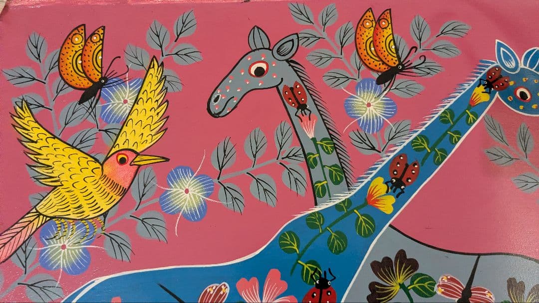 ●アフリカの絵画、ティンガティンガ、花キリン、Majidu、50×60cm