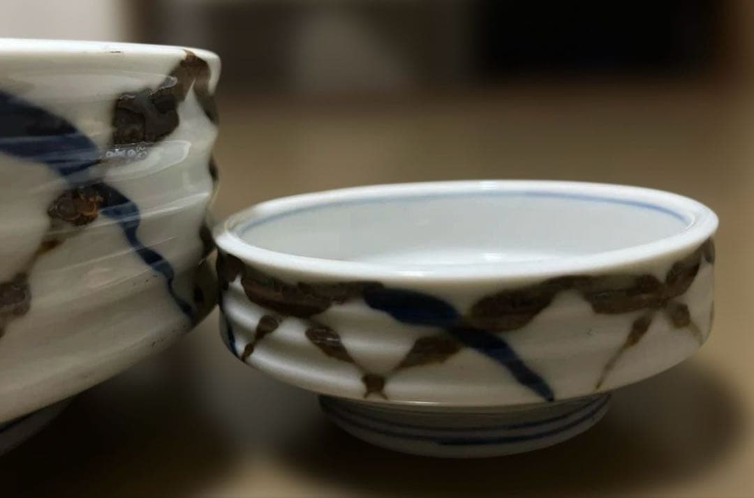陶器の青茶ライン皿セット
