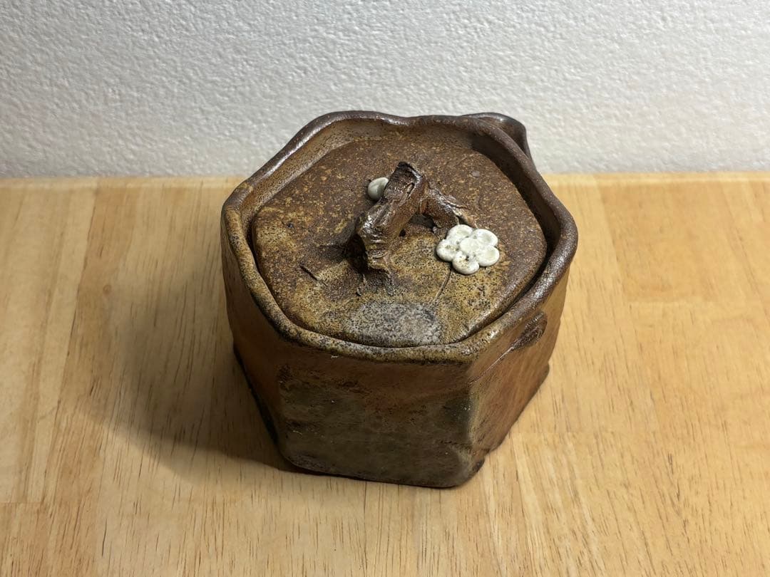 112. 備前焼 宝瓶 登り窯 白梅 6角 手びねり 急須