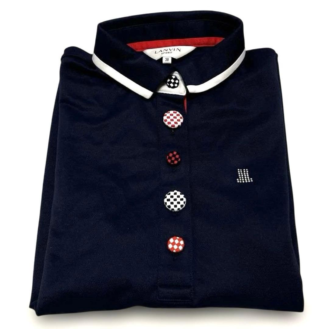 【LANVIN SPORT】長袖　ポロシャツ M 紺赤白　飾りボタン　ゴルフ