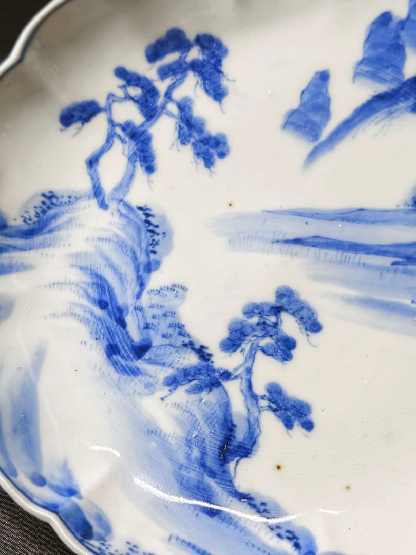 古伊万里 染付中皿 手描き 山水風景図 骨董 古美術 旧家蔵出 未使用時代物美品