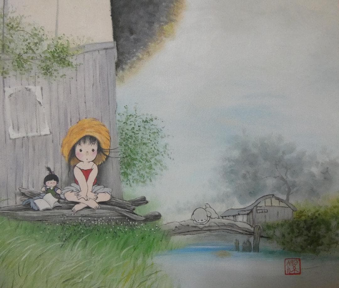 油絵 風景人物　額付き　中島潔　 F6 【　季節の予感　】手描き