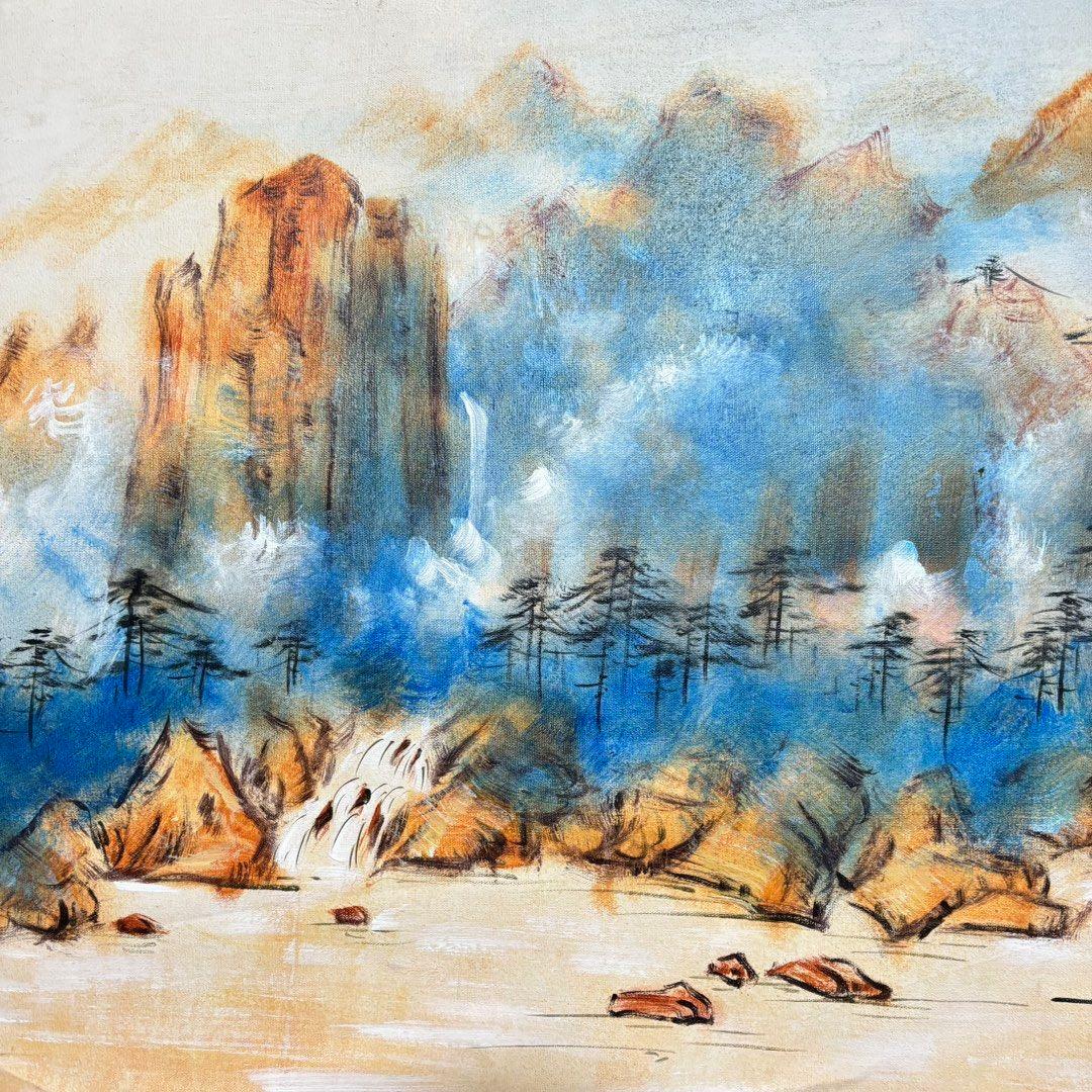純手描き 水彩油画 山水画 刘海粟 作品図 中国絵画 約70×100cm 未表装