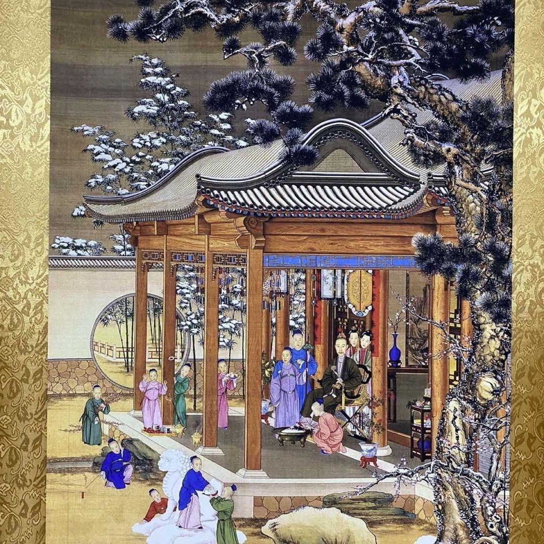 郎世寧 雪景人物図　四尺中堂掛け軸　中国宮廷画　宣紙　書画工芸