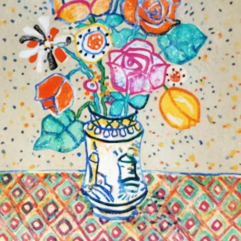 ☆アイズピリ☆「ベージュ背景のバラの花束」リトグラフ　大判新品額！