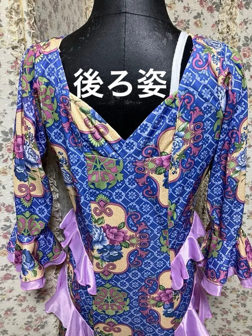 フラメンコワンピースM〜L 青紫 花柄 フリル付きカラオケ衣装にも