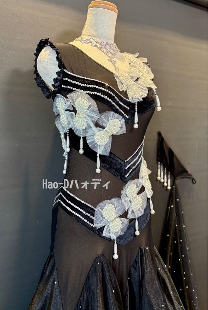 新品★ドレス★スタンダード★ブラック★パールリボン★競技会★社交ダンス