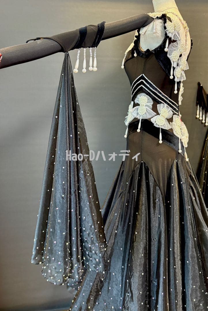 新品★ドレス★スタンダード★ブラック★パールリボン★競技会★社交ダンス