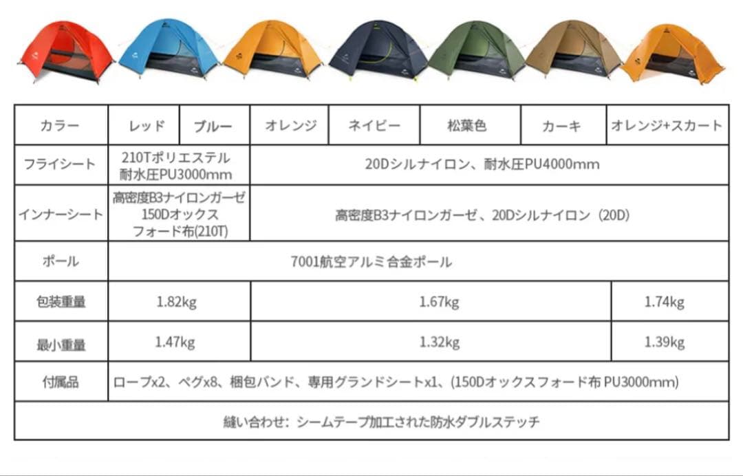 Naturehike Spider1 テント ソロ 自立式 1人用 自転車旅行