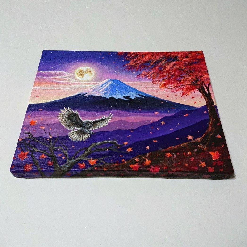 【月光と富士】アクリル画 F3 風景画 絵画