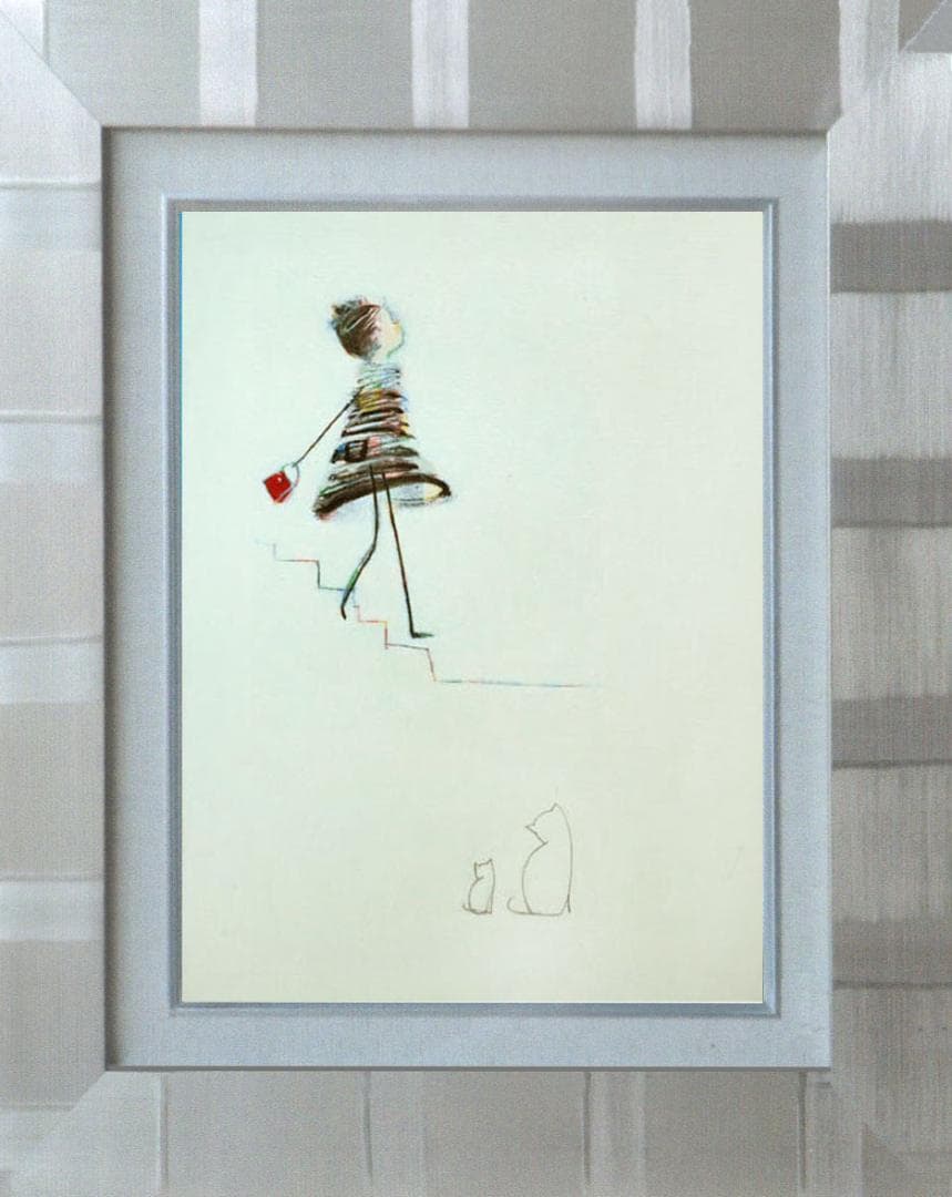 油絵菅家令子絵 絵画インテリア額付(青緑＋金色の枠)F4-040214猫親子女子