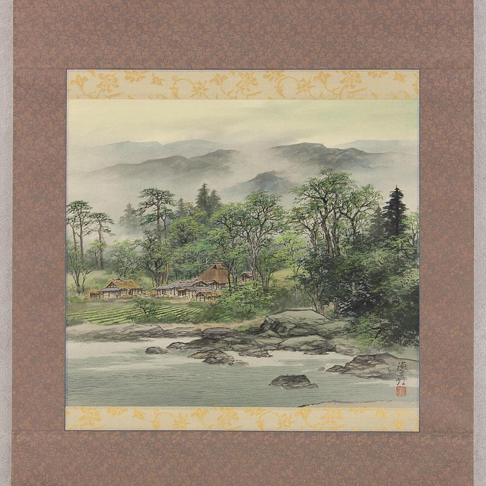 掛軸 横幅 百瀬徳三郎「山村清趣之図」民家 共箱 美術年鑑掲載画家
