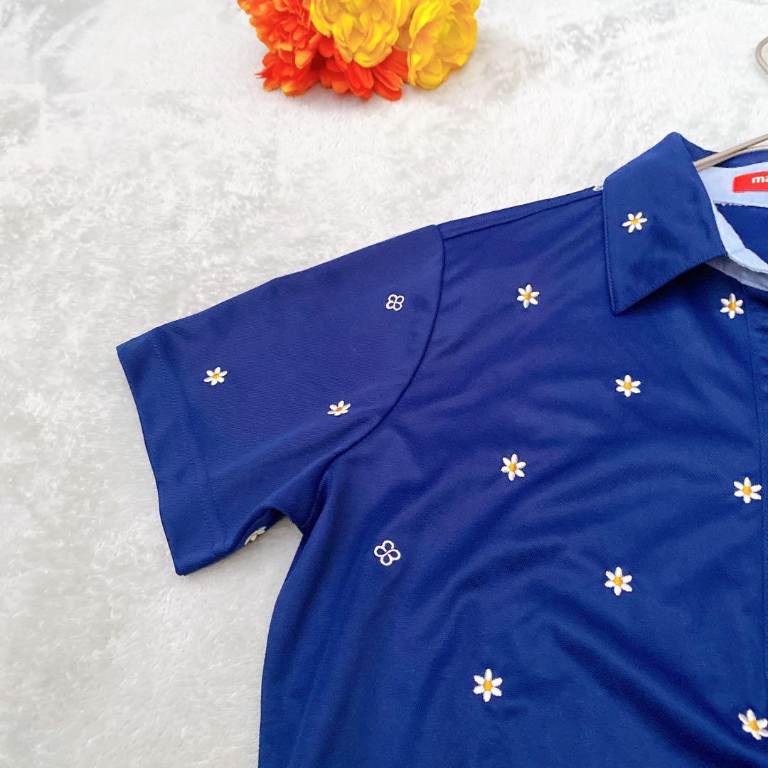 【美品】マリクレールスポール デイジー総柄ポロシャツ L ネイビー 刺繍