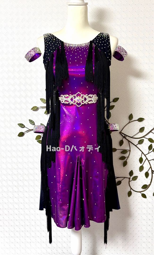 新品★ラテンドレス★M〜ML★社交ダンス★メタリックパープル★フリンジ★競技会★