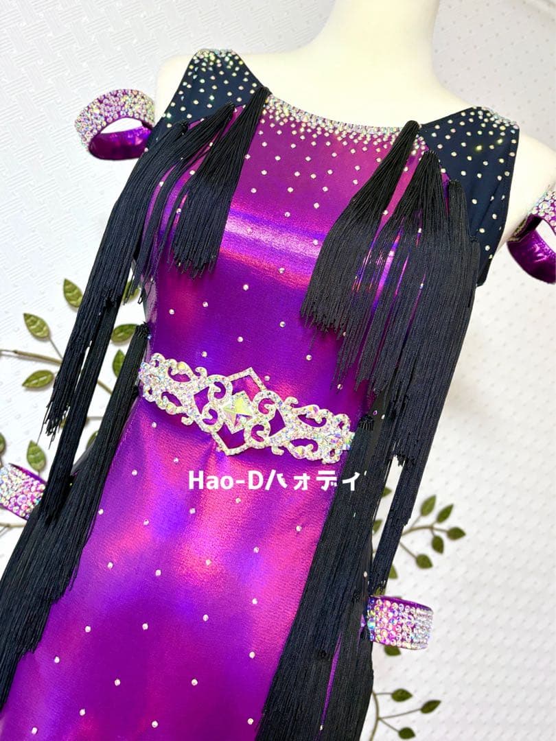 新品★ラテンドレス★M〜ML★社交ダンス★メタリックパープル★フリンジ★競技会★