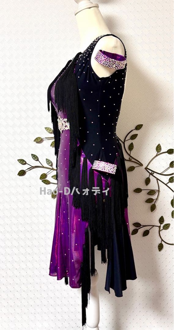 新品★ラテンドレス★M〜ML★社交ダンス★メタリックパープル★フリンジ★競技会★