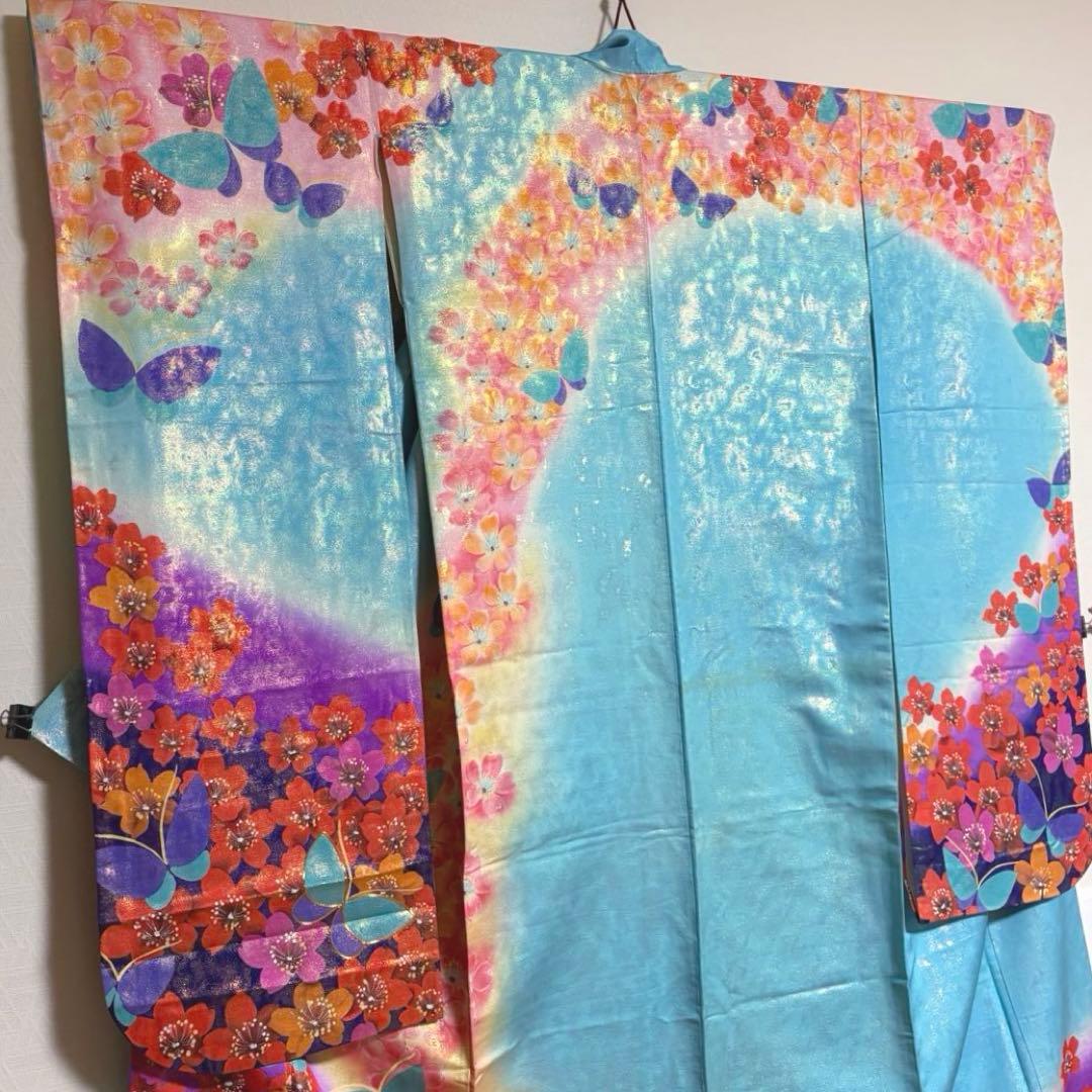 【舞台衣装】 引き振袖 オーロラ金属糸 金駒刺繍 袷 広衿 身丈約184cm
