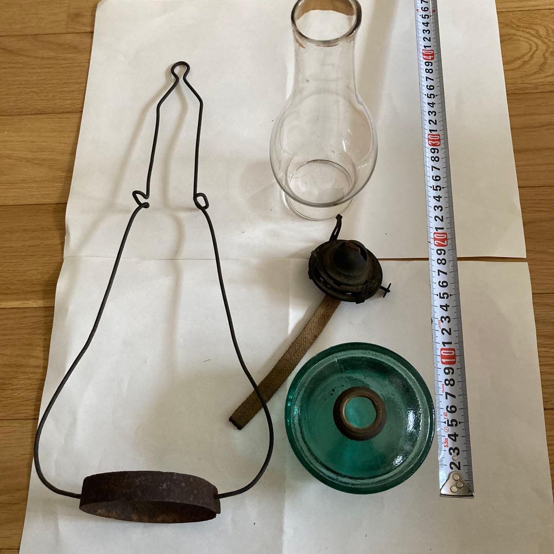 オイルランプ 透明ガラス 緑硝子ベース 高さ　持ち手含めて約４５cm