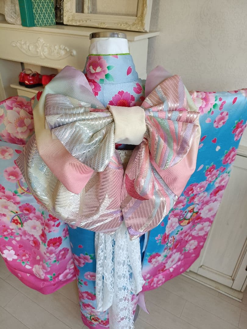 専用です☆正絹☆ブルーピンクの着物にキラキラ作り帯