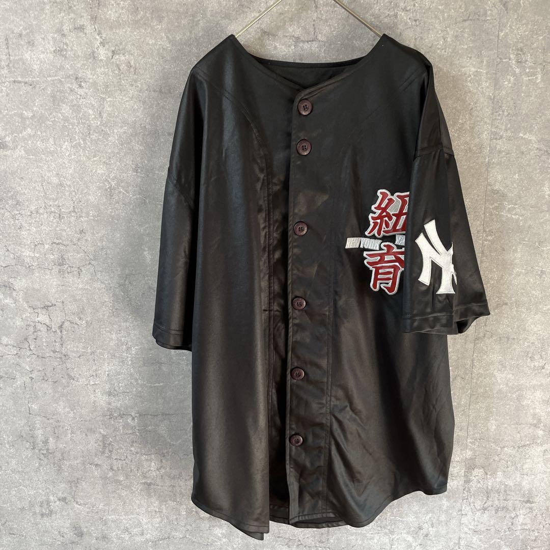 MLB ヤンキース 00s ベースボールシャツ 紐育 エナメル　Ｌメンズ黒C3