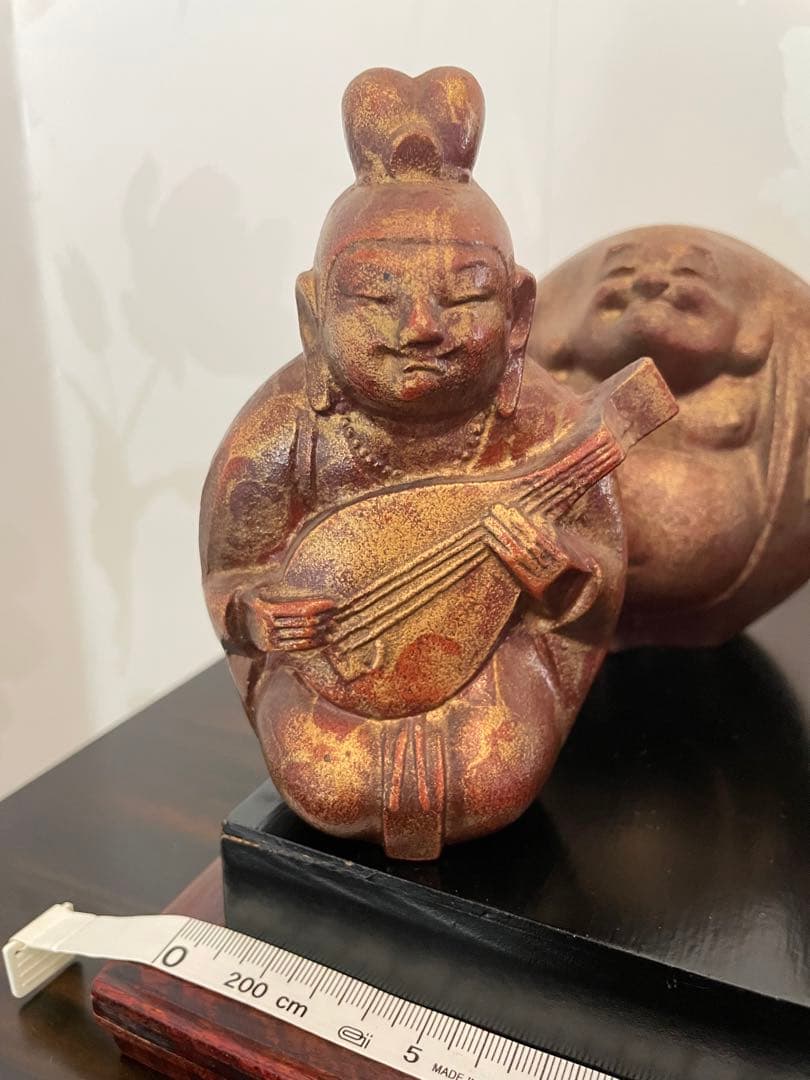 美品　鉄製 高級　七福神 置物 ゴールド　黒台座付き　黒色漆塗り板2枚付き