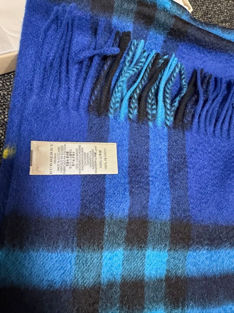 未使用 BURBERRY カシミヤマフラー ブルー チェック 箱付き タグ付き