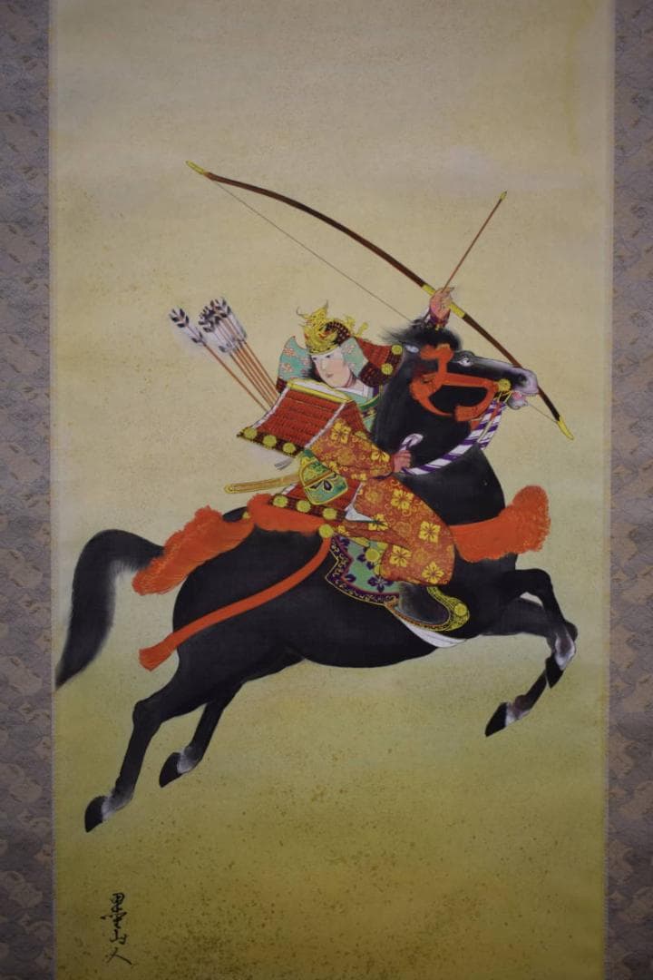真作/世良正/墨山人/武将図/金泥/桐共箱付/布袋屋掛軸HH-800