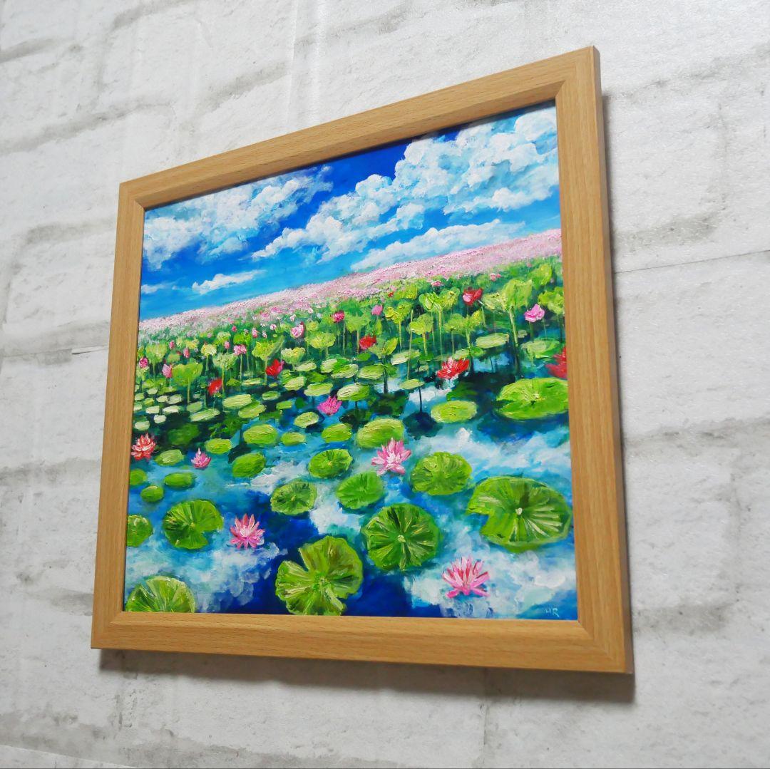 油絵 油彩 油彩画 絵 絵画 【水面映る蓮】