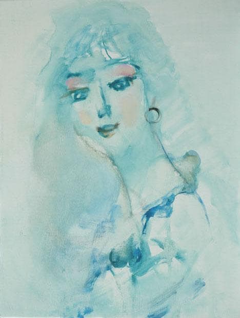 油絵 菅家令子 絵 絵画インテリア額付(青緑＋金色の枠) F6-080112女性